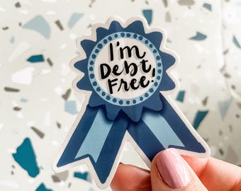 Debt Free Blue Ribbon Sticker: Vinyl Celebration Decal