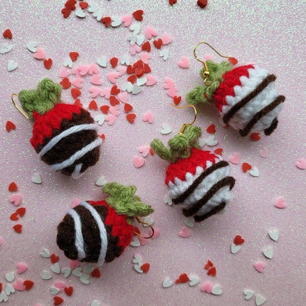 Valentine's Day Earrings, Chocolate Covered Strawberry, Chocolate Dipped Strawberry Earrings, Crochet Food Earrings, Amigurumi Jewelry