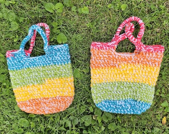 Crochet Tote Bag, Small Market Bag, Hand Stitched Hand Lined Crochet Bag, Rainbow Sparkly Pride Reusable Bag, Foldable Grocery Bag