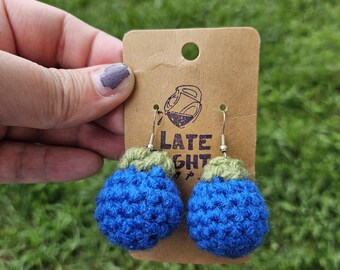 Crochet Blueberry Earrings, Handmade Crocheted Summer Fruit Dangles, Crochet Food Earrings, Summer Statement Jewelry, Small Berry Earrings,