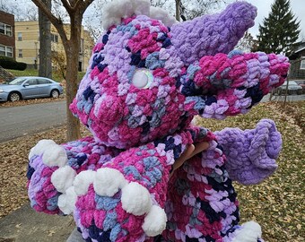 Handmade Crochet Dragon Snuggler, Flat Cuddler for Kids, Large Soft Sparkly Eyes Dragon Stuffed Animal, Crocheted Fantasy Dragon Plushie