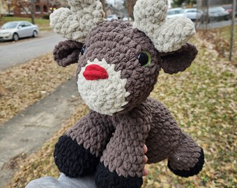 Crochet Reindeer Plushie, Christmas Stuffed Animal, Crocheted Winter Animal, Handmade Holiday Stuffie, Hand Stitched Red Nose Reindeer Plush