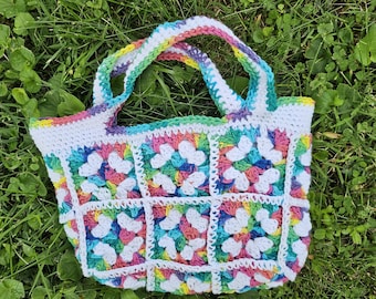 Crochet Tote Bag, Granny Square Market Bag, Granny Stitch, Hand Stitched Hand Lined Small Crochet Bag, Rainbow Pastel Pride Reusable Bag,
