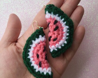 Watermelon Earrings, Summer Fruit Slice Jewelry, Dangly Crochet Earrings, Crochet Food Earrings, Amigurumi Jewelry