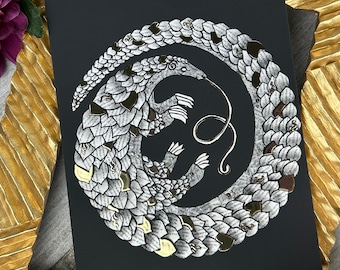 Impression d'art collage pangolin, illustration feuille 5 x 7