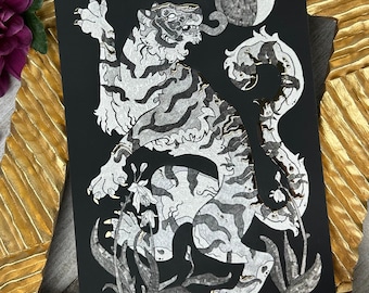 Impression d'art collage tigre, illustration feuille 5 x 7