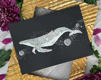 Impression d'art collage baleine de l'espace, illustration feuille 5 x 7