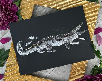 Impression d'art de collage de crocodile d'eau salée, illustration de feuille de 5 x 7