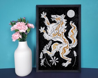 Loup rampant avec lupin et pleine lune - impression 11 x 17