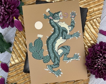 Impression d'art chat cactus, illustration mate 5 x 7