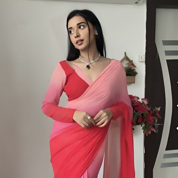 Alia style Ombre saree-Ready to wear saree-Pre-draped saree-Bridesmaid Georgette saree-Designer Boarder- Saree with Blouse-partywear saree-