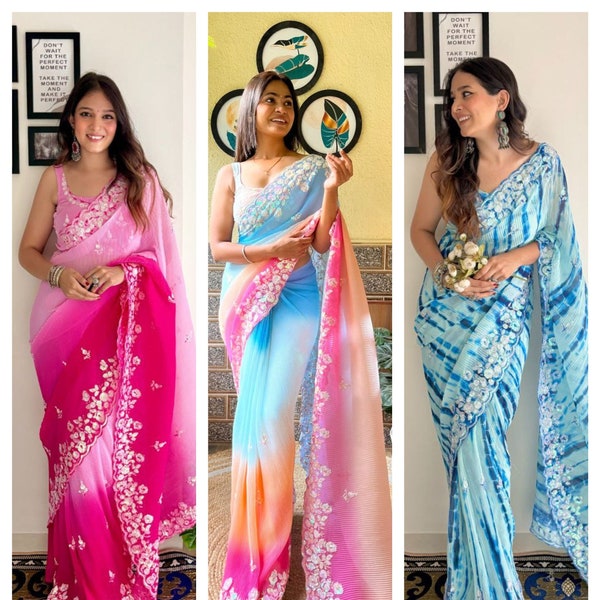 Ready to wear Alia bhatt saree-Pre-stitched 1 min ready saree-Bridesmaid Georgette saree-Designer Boarder- Saree with Blouse-partywear saree