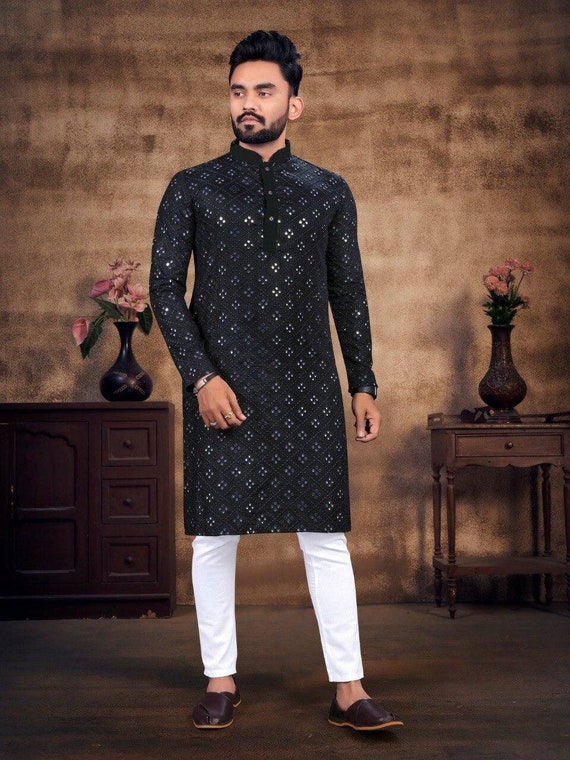 Indian Wedding Men Short Kurta Festive Blue Color Polycot Art Silk Loose  Shirt Digital Printed Yoke Mandarin Collar and Long Sleeves - Etsy