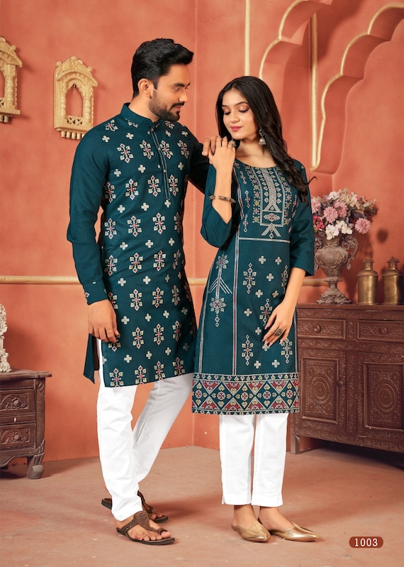 Buy Zarkle Men And Women Blue Foil Print Pure Cotton Couple Kurta Pajama  And Kurti Pant Set (Men-M And Women-M) Online at Best Prices in India -  JioMart.