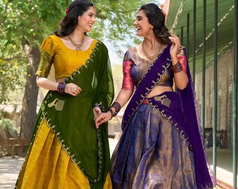 Halve sari Lehenga, Kanjeevaram Zijde halve Saree, pure zari zwaaiende Zuid-Indiase watten halve sari lehenga blouse, Voni Rokset, Halve sari