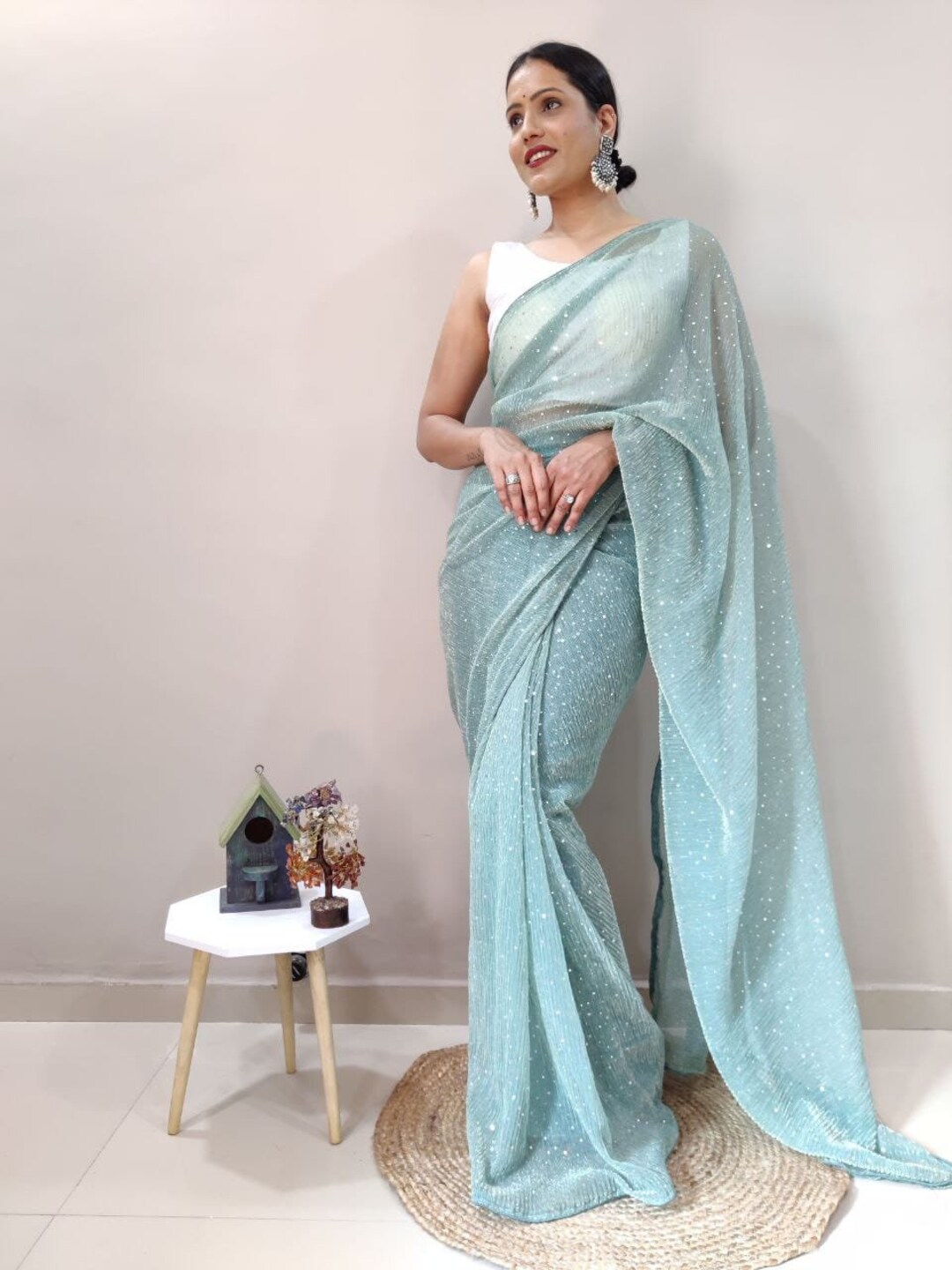 Women Party Wear Printed Satin Ready to Wear Saree with Un Stitched Blouse