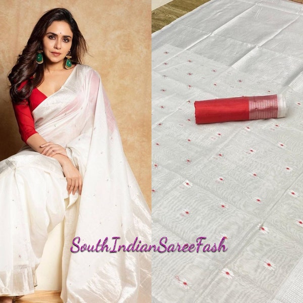 White color South Indian Soft Cotton Lilan saree With Beautiful Zari woven work & blouse For Women Wedding Wear Indian saree,Gift for her