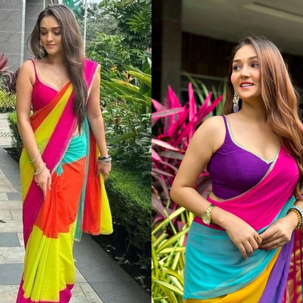 Alia bhatt saree-Rocky & Rani Movie saree-Bridesmaid Georgette Ombre saree-Manish Malhotra saree-Designer Saree with Blouse-partywear saree