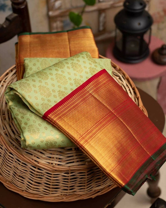 South Indian Traditional Pure Lichi Silk Saree With Zari Etsy