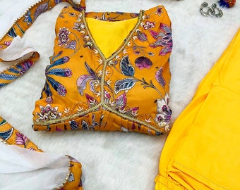 Yellow color Alia Cut Kurti-Designer Kurti-Nayra cut style kurti_with Muslin Fabric & Floral Digital With Afghani Pants Paired With Dupatta