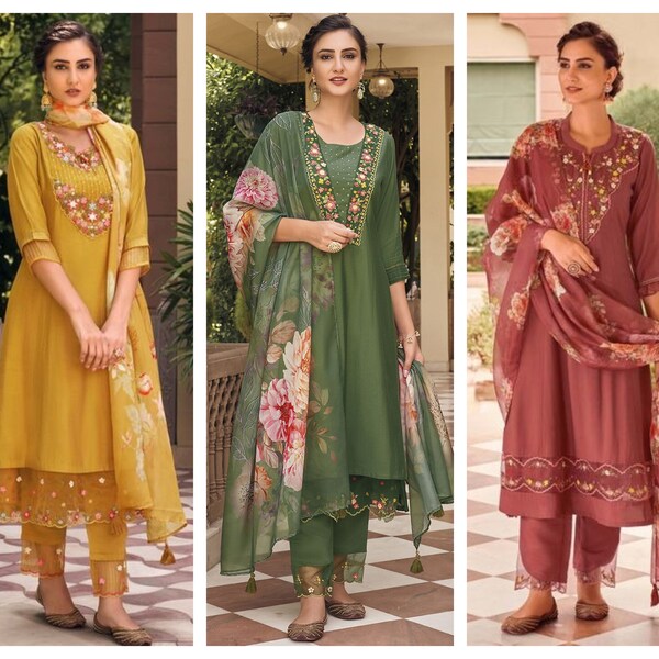 Pakistanischer 3-teiliger Anzug Anarkali Kurti Hose mit Dupatta Set für Frauen, indischer Designer Salwar Kameez, vorgefertigter festlicher Party Wear-Anzug