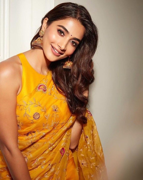 Buy Pooja Hegde Inspired Yellow Color Saree-embroidery Work Designer Saree-embroidery  Blouse-partywear Saree-anniversary Saree-trendy Alia Saree Online in India  - Etsy