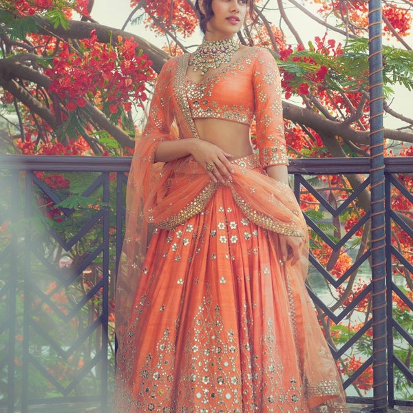 Kiara Advani Wedding Lehenga choli, Orange color Mirror work Lehenga, Indian Lehengha choli, Designer Outfit for her, Bridesmaids Lehenga