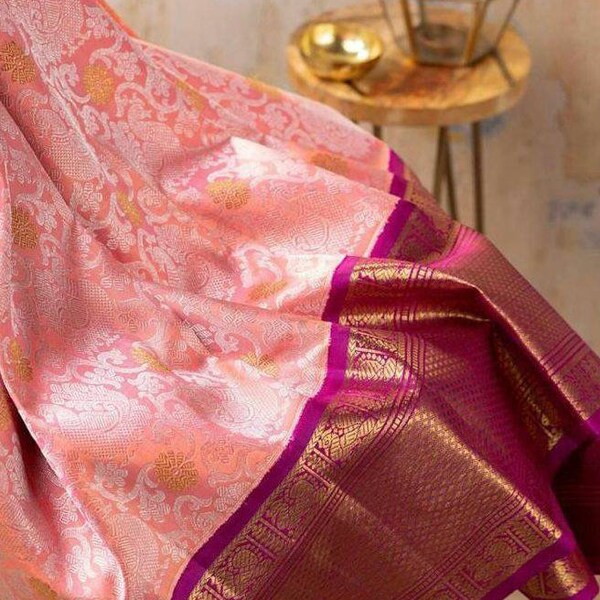 Reine Seide Pfirsich Farbe Saree indischen Kanchipuram weiche Seide Weben Arbeit Saree mit Kontrast Pallu Frauen Hochzeit Party Wear indische Seide Saree