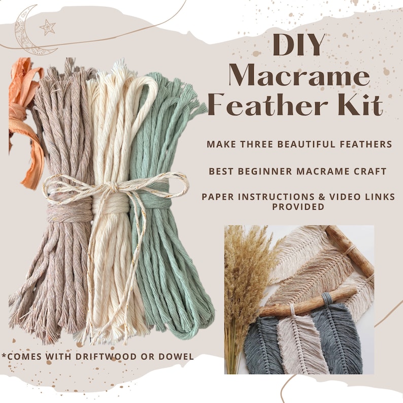 DIY Macrame Three Feather Kit Driftwood Included Beginner image 5