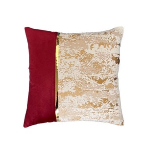 May include: A decorative throw pillow with a red velvet back and a beige front with a gold stripe. The front of the pillow has a textured, abstract design.