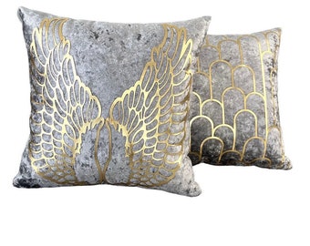 pillow Velvet Gray gold throw pillow case decorative cushion Gray and Gold 18x18 cushions Angel wings luxury pillow set x2