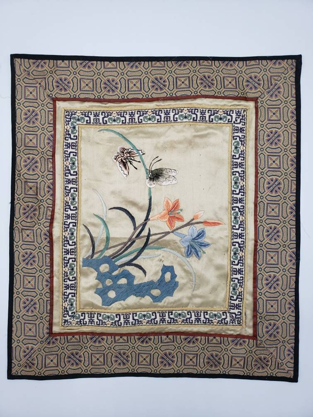 Vintage Chinese Silk Wall Hanging, Butterflies, Antique Handmade
