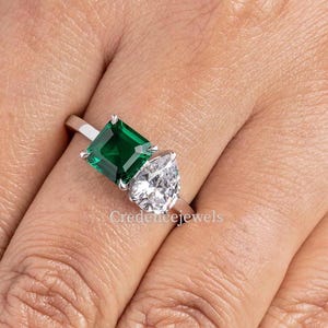 Toi et Moi Ring, Two Stone Engagement Ring, Double Stone Ring, Pear Cut & Emerald Stone Ring, 14K Gold Wedding Anniversary Gift For Her