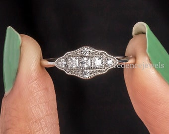 Vintage Art Deco Ring, Engagement Ring, Three Stone Princess Moissanite Ring, Milgrain Bezel Set Art Deco Ring, Minimalist Ring, 14K Gold
