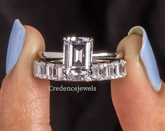 Bridal Ring Sets, Solitaire Emerald Cut Moissanite Engagement Ring, Half Eternity Wedding Band, 14K White Gold Ring, Emerald Ring Set