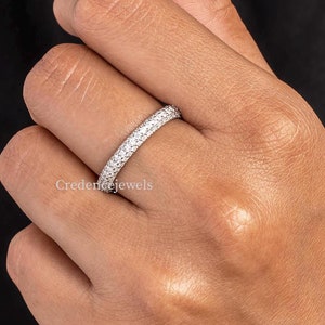 3 Row Pavé Wedding Band Moissanite Micro Pave Ring 14K Solid Gold Triple Row Half Eternity Wedding Ring For Women, Three Row Dome Style Band