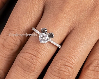 0.75CT Mickey Mouse Shape Round Cut Moissanite Diamond Ring, Three Stone Accents Ring, Engagement Wedding Ring, Round Black 14K White Gold