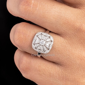 1930s Vintage Ring, Edwardian Ring, Engagement Ring, Vintage  Art Deco Milgrain Bezel Set Ring, Round Moissanite Ring, 14K Solid Gold Ring