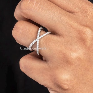 Diamond X Ring, 14K Gold Crossed Ring, Criss Cross Band, Crossover Ring, X Ring, Stacking Ring, Round Moissanite Engagement X Cross Ring
