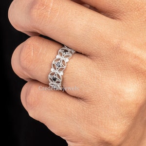 Five Stone Vintage Black Moissanite Band, Half Eternity Milgrain Wedding Band, Filigree Flower Style Band, Geometric Diamond Ring, 14K Gold