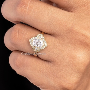 Flower Vintage Style Ring, Lotus Flower Cluster Ring, Oval Cut Moissanite Engagement Ring, Cluster Moissanite Ring, 14K Solid Gold Ring