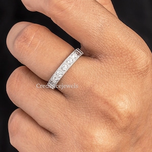 Vintage Art Deco Milgrain Wedding Band, Alternative Unique Band, Round Moissanite Engagement Ring, Eternity Stacking Matching Wedding Band