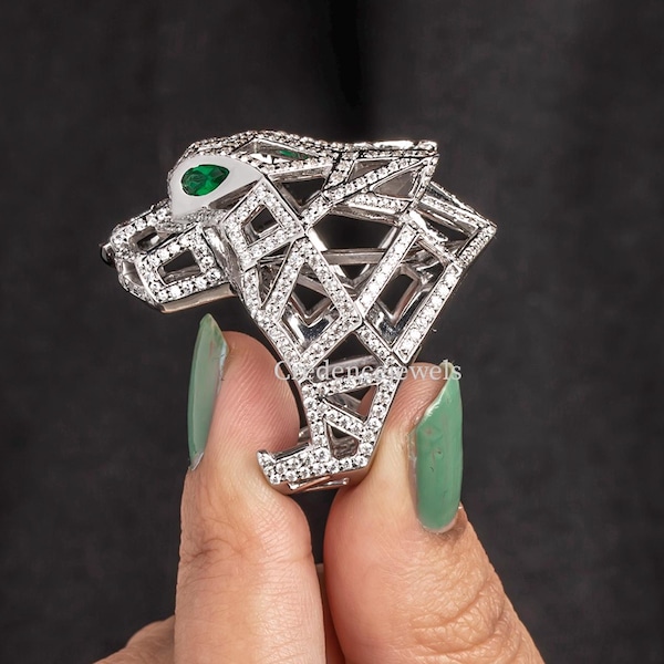 Anillo de pantera con ojo de esmeralda, anillo de compromiso con cabeza de animal de plata para hombre, anillo de pantera con moissanita y diamantes.