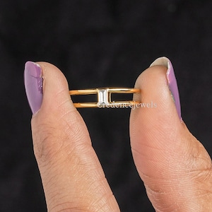 Minimalist Baguette Diamond Ring, Double Band Split Shank Gold Ring, East West Rectangular Solitaire Ring, Modern Stacking Ring Gift for Her
