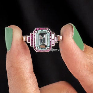 Ruby Diamond Engagement Ring, Green Emerald Cut Ring, Party Wear Ring, Green Emerald Cut & Ruby Halo Diamond Ring, 935 German Silver Ring