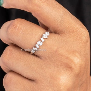 Multi-Shape Half Eternity Band, Multi Shape Eternity Wedding Band for her, Wedding Proposal Multi Shape Moissanite Ring, 14K Solid Gold Band