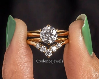 Solitaire ronde moissaniet ring, verlovingsring, bruidsring set, vijf stenen V-vorm trouwring, gebogen trouwring, 14K gouden ring