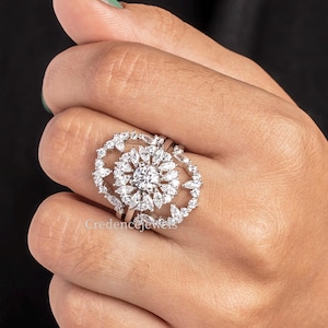 Vintage Bridal Ring Set, Nature Inspire Ring, Enhancer Wrap Guard Band, Victorian 14K Gold Round & Marquise Cluster Moissanite Ring Set