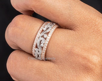 Two Tone Band, Vintage Inspired Band, Milgrain Band Filigree Wave Moissanite Band, Wide Ring, Vintage Art Deco Engagement Ring 925 Silver