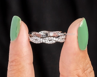 Alianza de boda trenzada, anillo apilable de eternidad entrecruzado, delicada alianza entrelazada, alianza de moissanita redonda con giro infinito, oro macizo de 14 quilates.